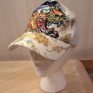 Christian Audigier Don Ed Hardy Y2K Rhinestone Embroidered Trucker Hat.